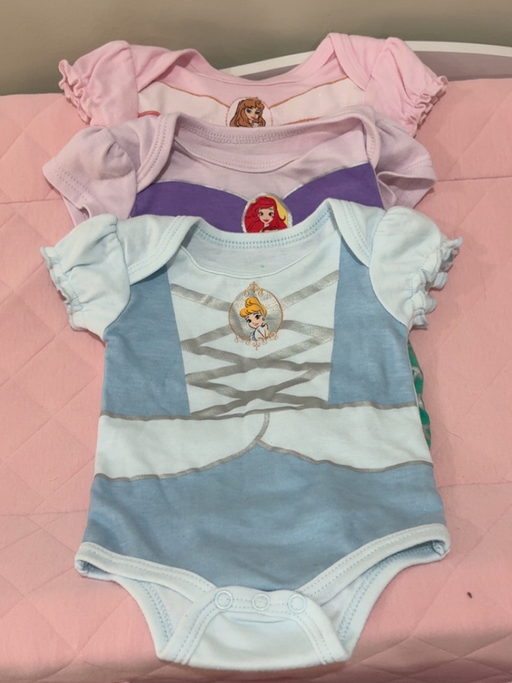 Disney Baby Girls Light Blue, Purple & Pink Princess Bodysuit Set